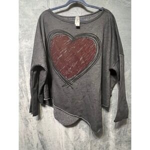 GO Couture Heart Graphic Long Sleeve Top Charcoal Gray Women's XL USA Made